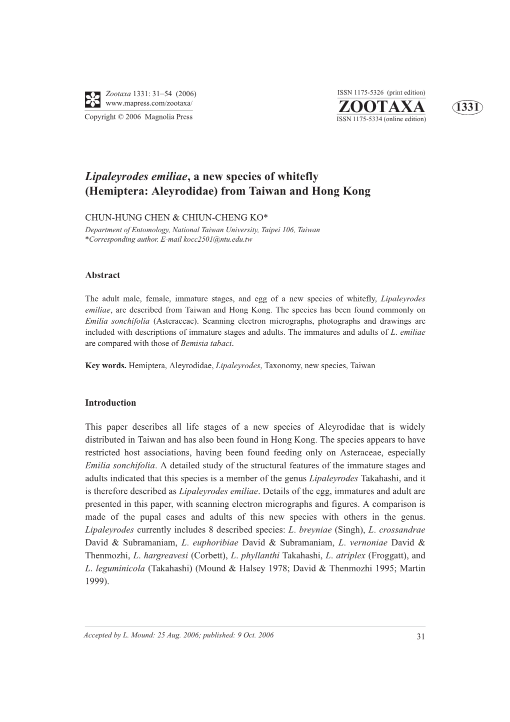 Zootaxa 1331: 31–54 (2006) ISSN 1175-5326 (Print Edition) ZOOTAXA 1331 Copyright © 2006 Magnolia Press ISSN 1175-5334 (Online Edition)