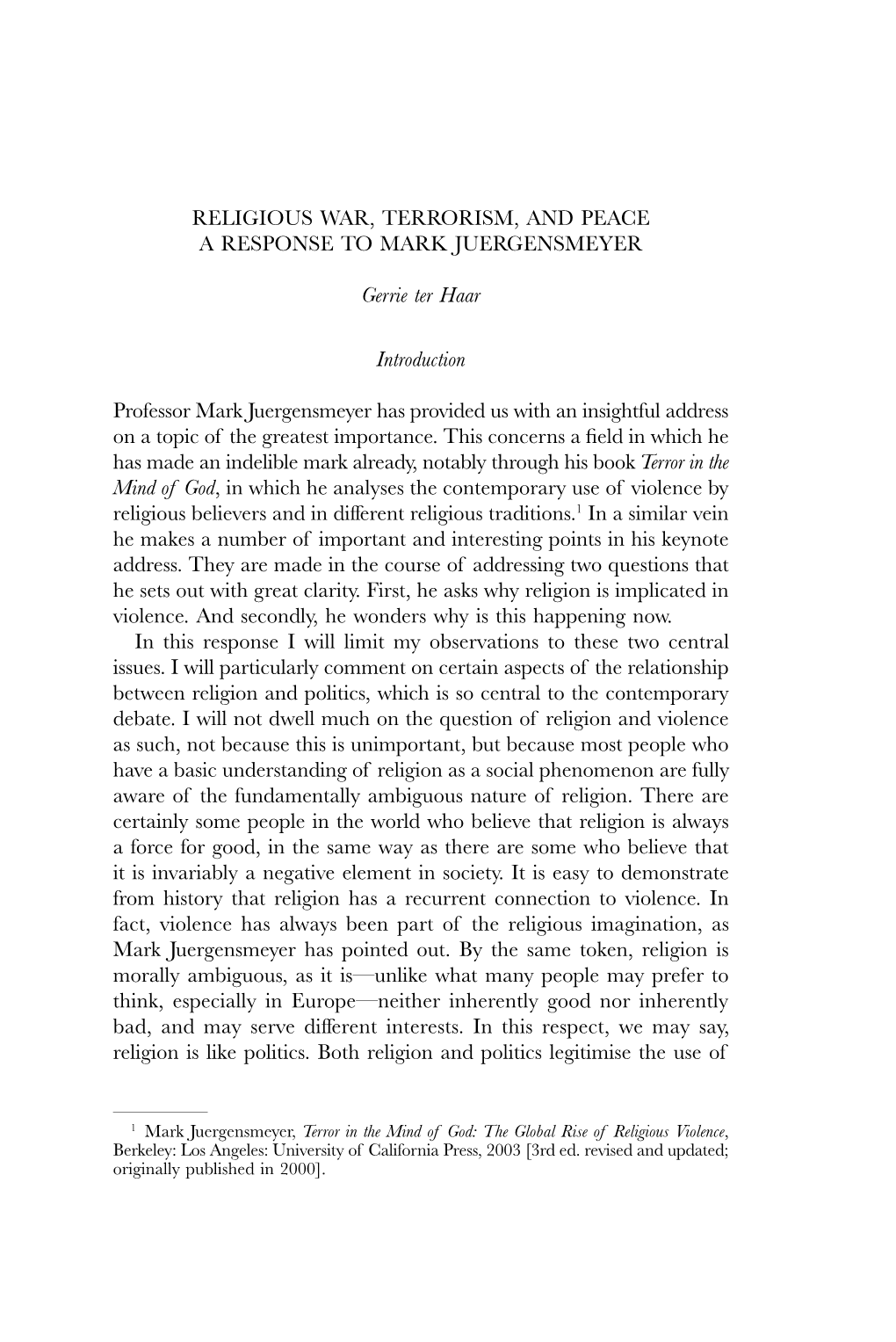 Religious War, Terrorism, and Peace a Response to Mark Juergensmeyer