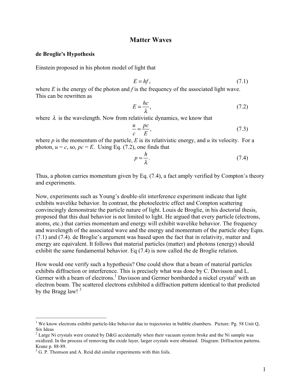 Matter Waves De Broglie's Hypothesis