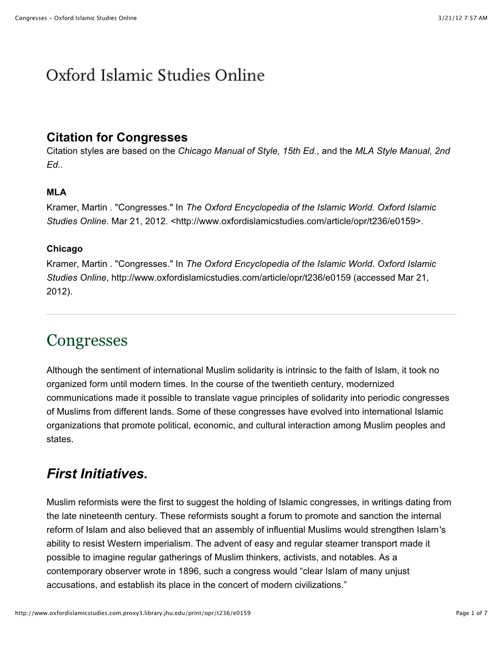 Congresses - Oxford Islamic Studies Online 3/21/12 7:57 AM