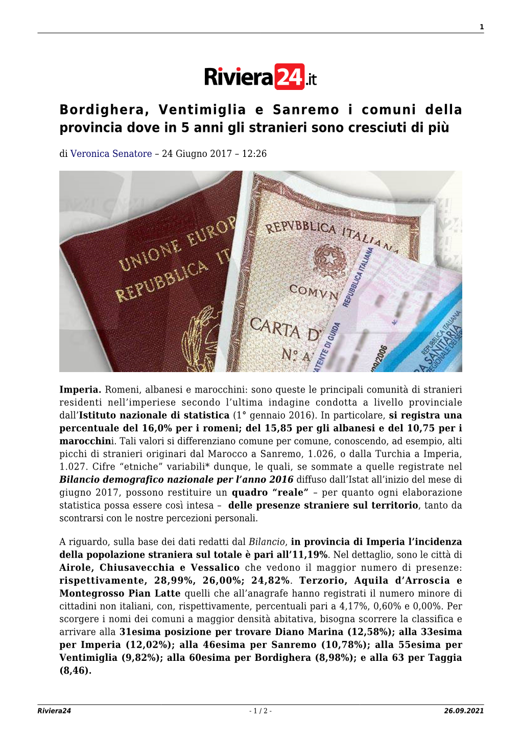 Bordighera, Ventimiglia E Sanremo I Comuni Della Provincia Dove in 5 Anni Gli Stranieri Sono Cresciuti Di Più