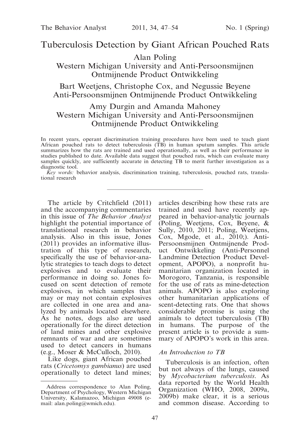 Tuberculosis Detection by Giant African Pouched Rats