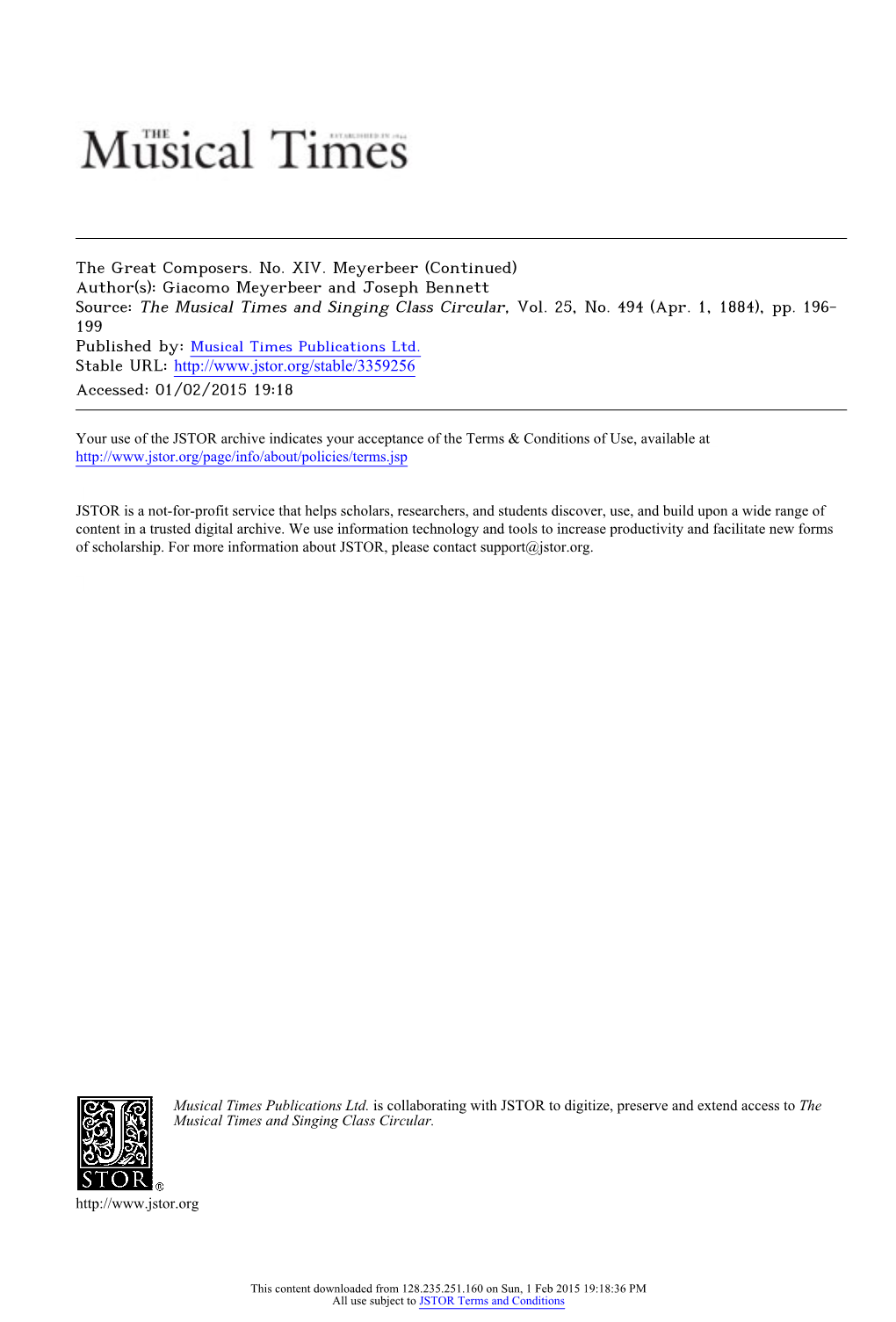 The Great Composers. No. XIV. Meyerbeer (Continued) Author(S): Giacomo Meyerbeer and Joseph Bennett Source: the Musical Times and Singing Class Circular, Vol