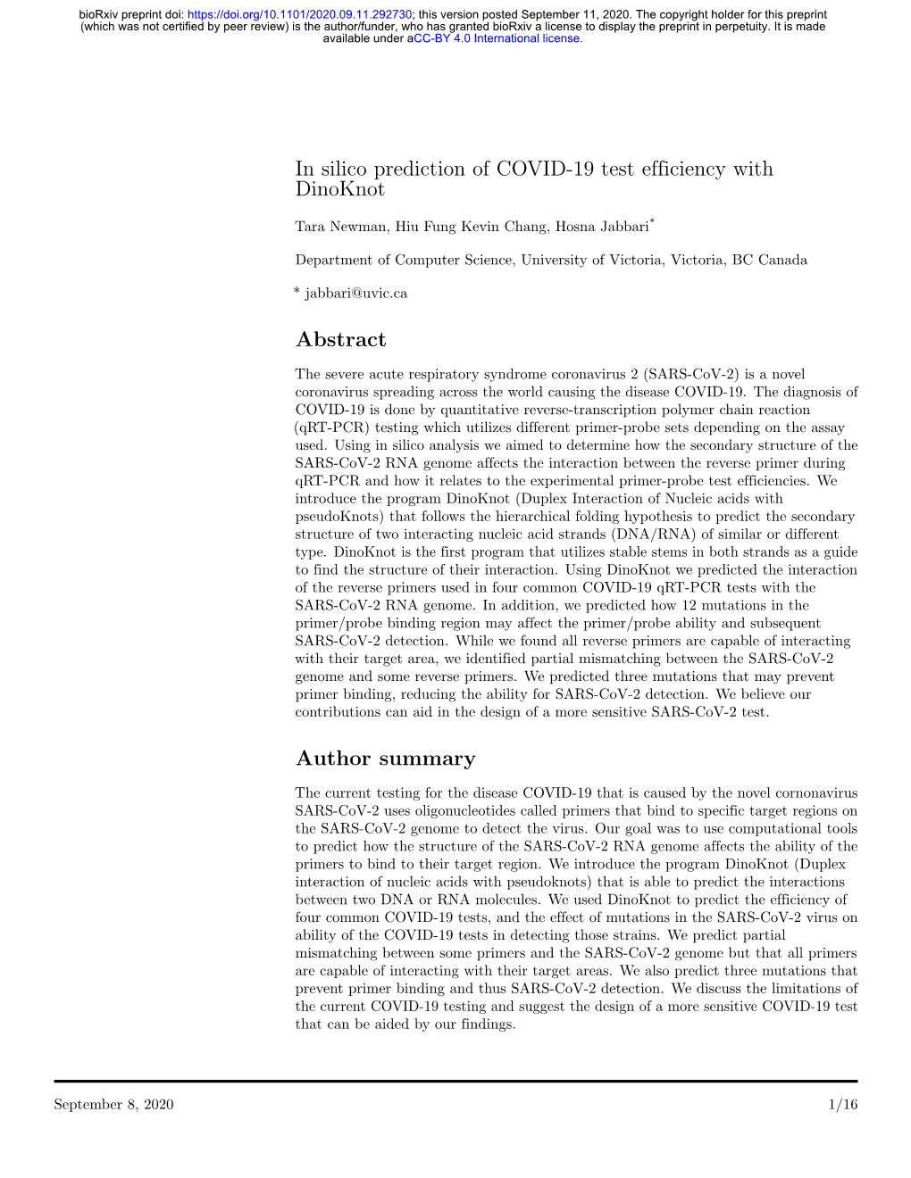 In Silico Prediction of COVID-19 Test Efficiency with Dinoknot