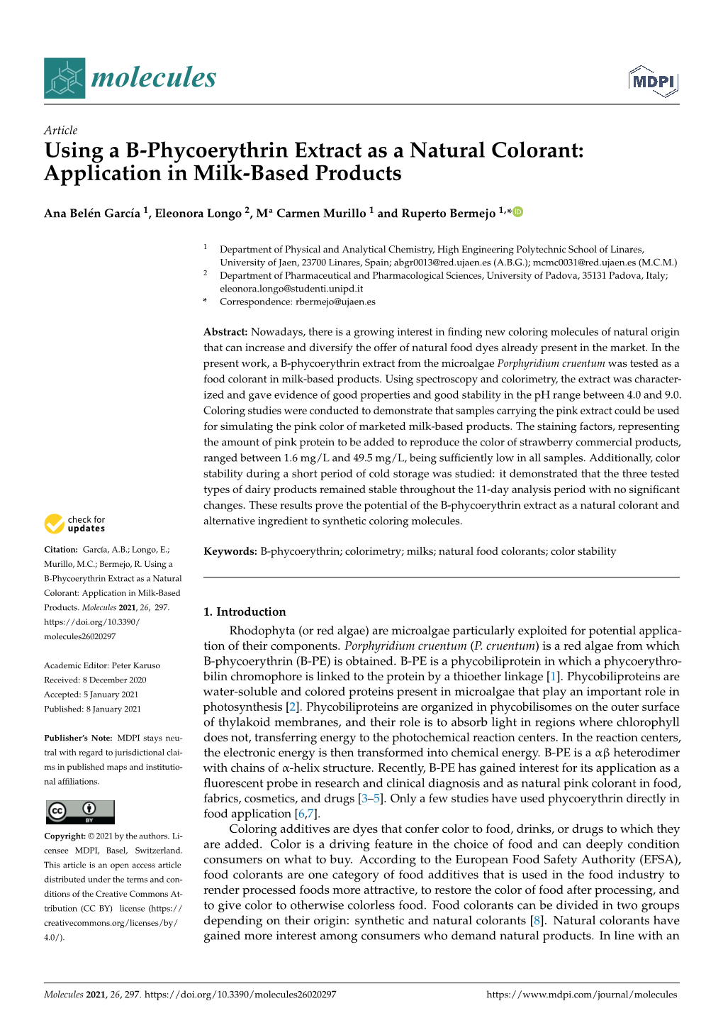 Using a B-Phycoerythrin Extract As a Natural Colorant: Application in Milk-Based Products