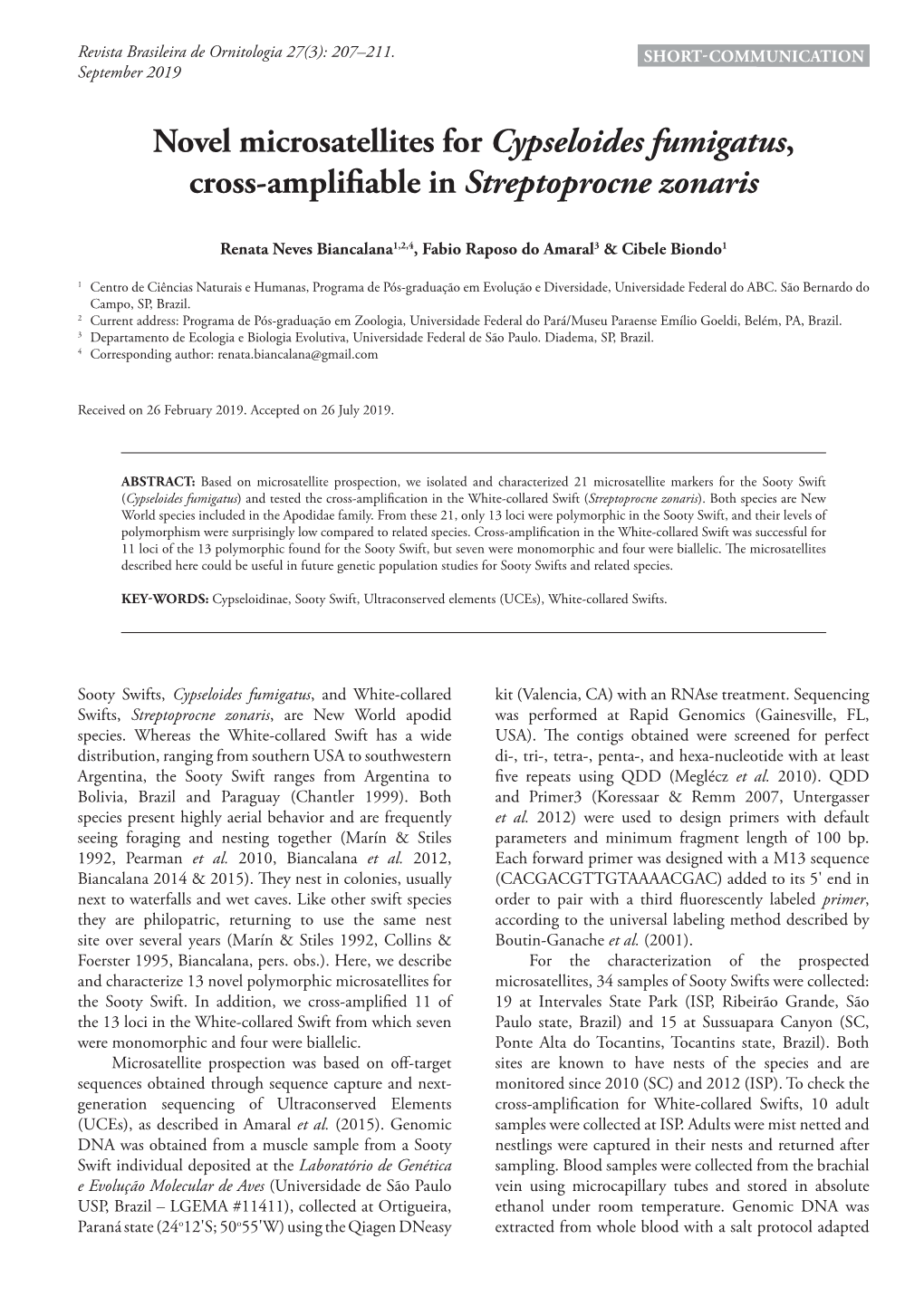 Novel Microsatellites for Cypseloides Fumigatus, Cross-Amplifiable in Streptoprocne Zonaris