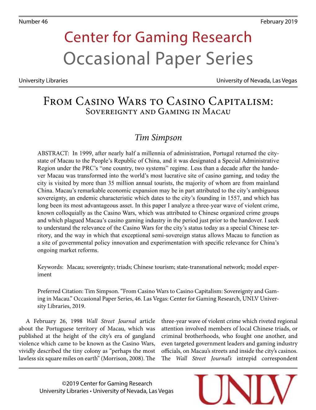 From Casino Wars to Casino Capitalism: Sovereignty and Gaming in Macau