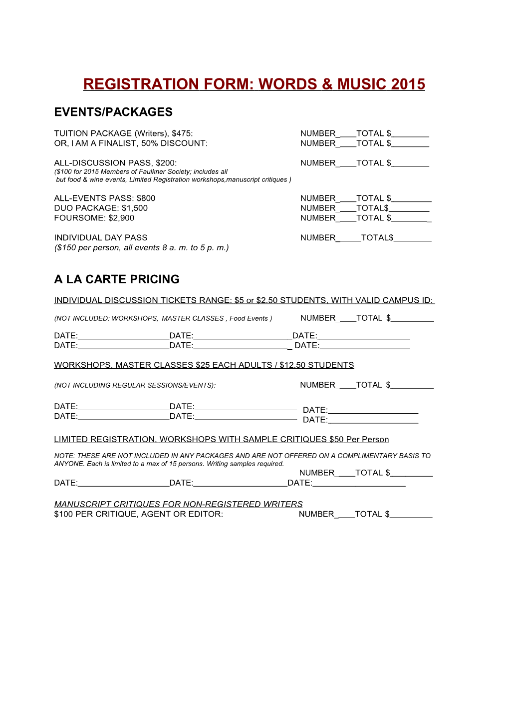 Registration Form: Words Music 2015