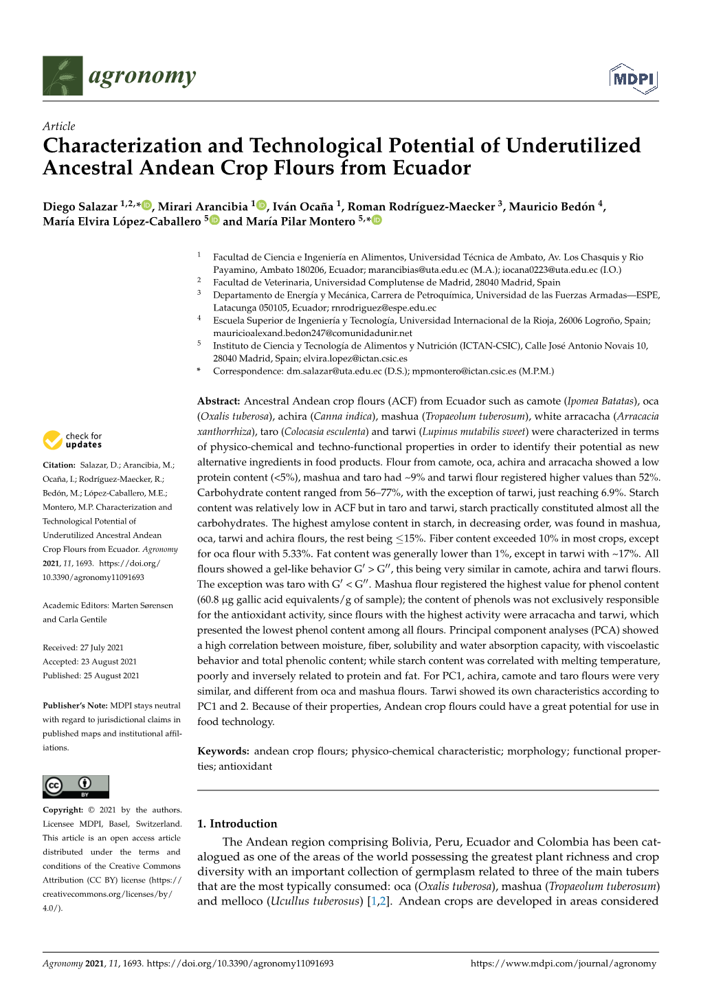 Characterization and Technological Potential of Underutilized Ancestral Andean Crop Flours from Ecuador