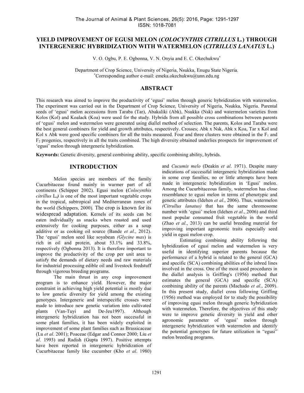 Yield Improvement of Egusi Melon (Colocynthis Citrillus L.) Through Intergeneric Hybridization with Watermelon (Citrillus Lanatus L.)