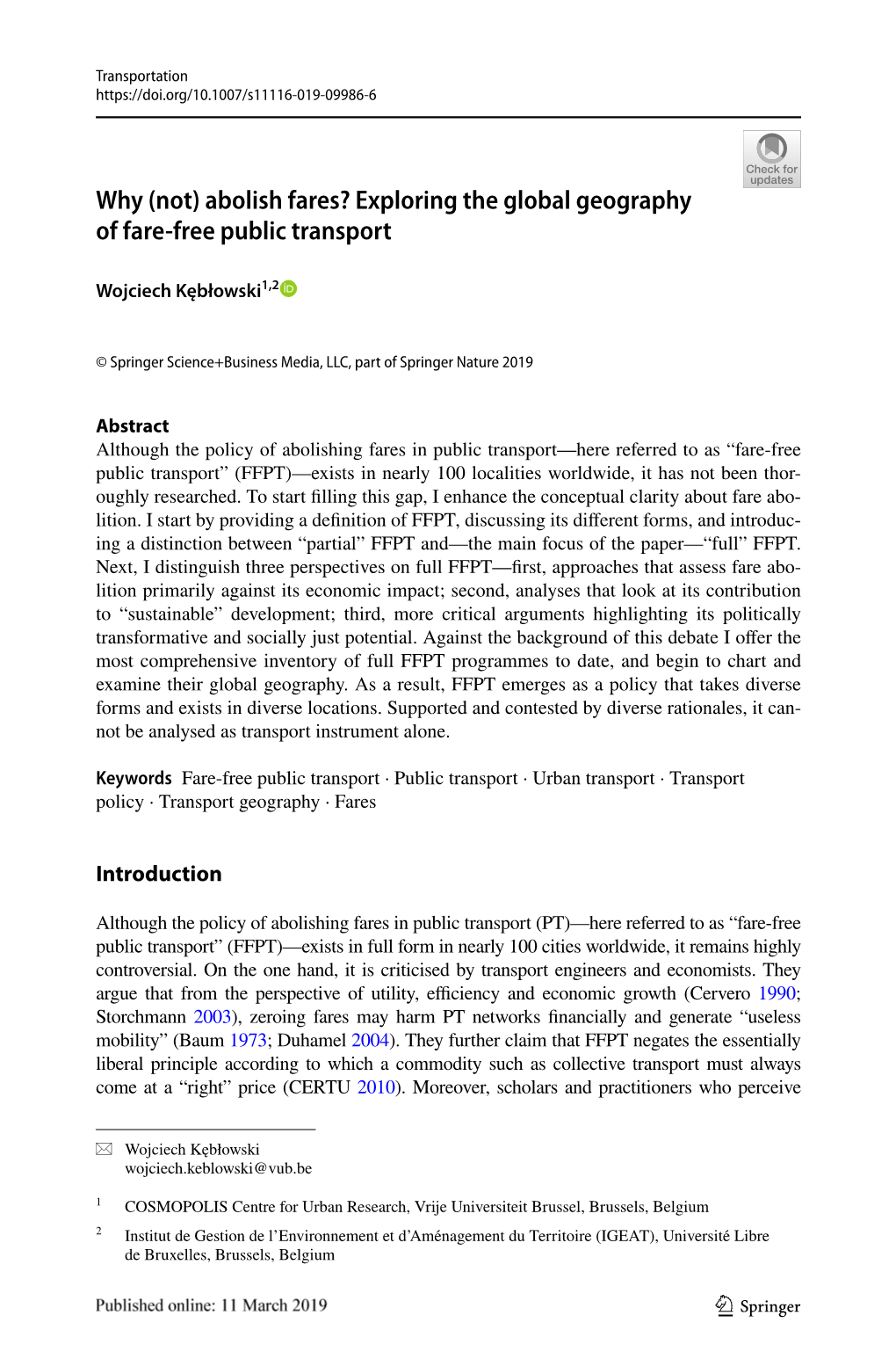 Abolish Fares? Exploring the Global Geography of Fare‑Free Public Transport