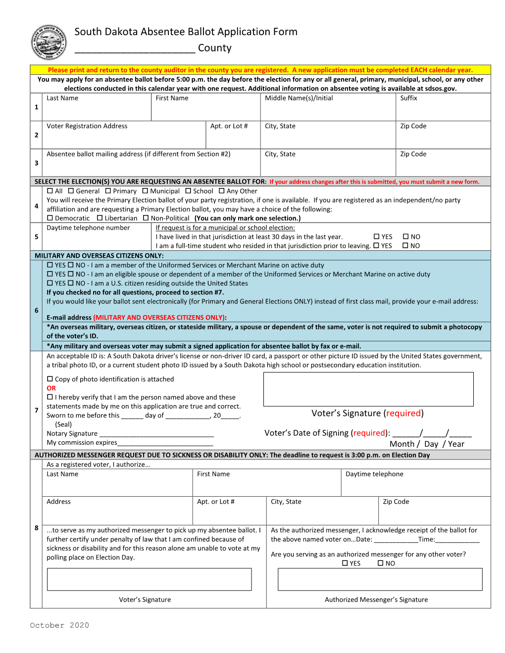 South Dakota Absentee Ballot Application Form County