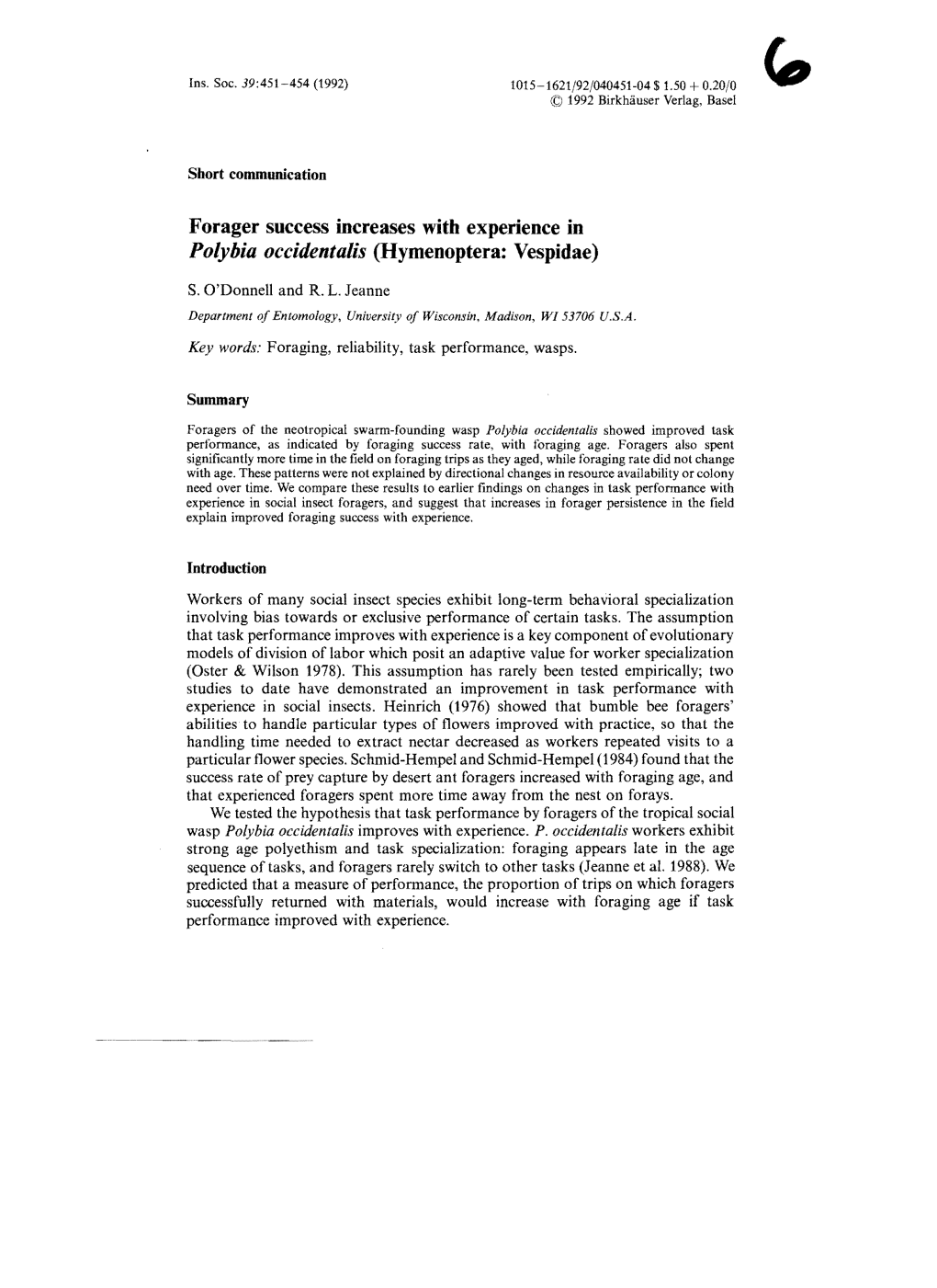 Forager Success Increases with Experience in Polybia Occidentalis (Hymenoptera: Vespidae)