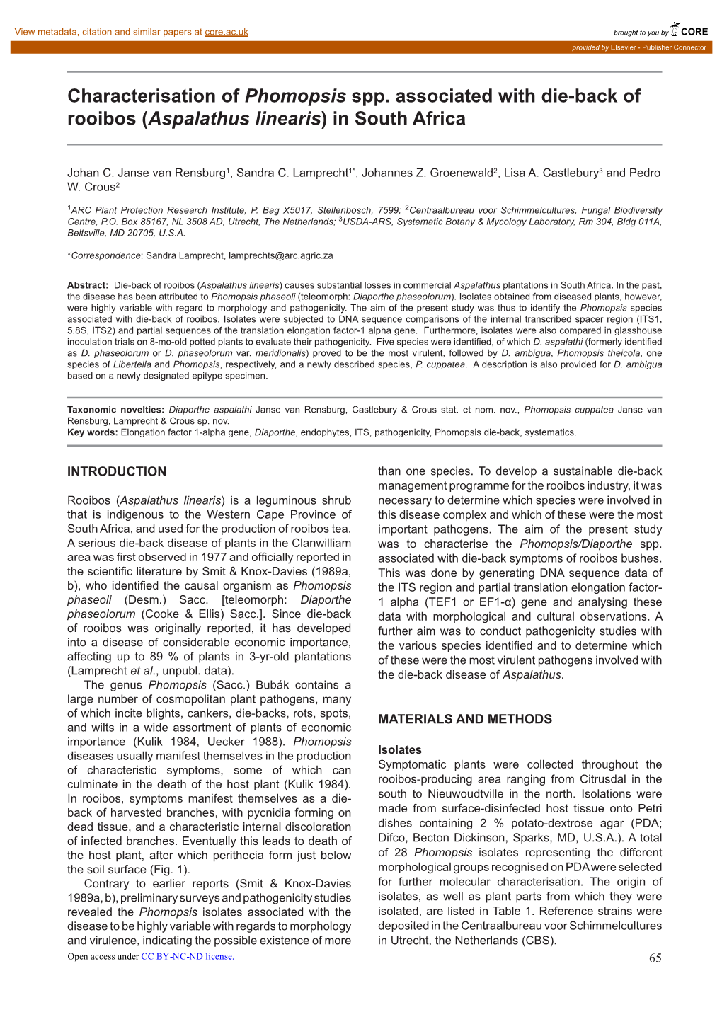 Characterisation of Phomopsis Spp. Associated with Die-Back of Rooibos (Aspalathus Linearis) in South Africa