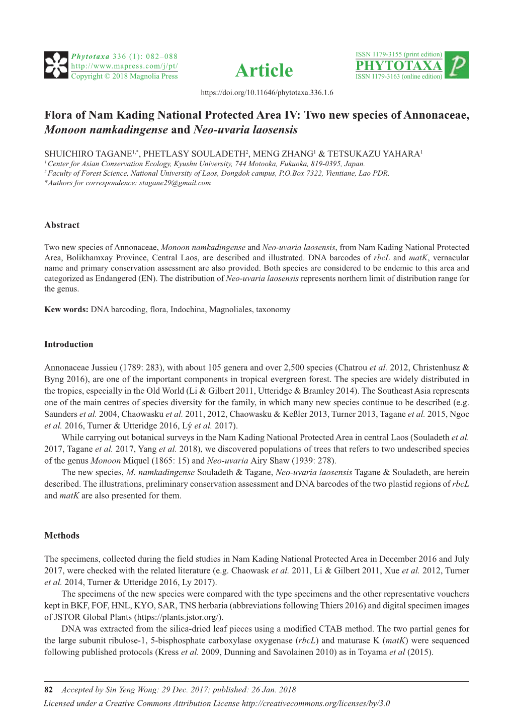 Flora of Nam Kading National Protected Area IV: Two New Species of Annonaceae, Monoon Namkadingense and Neo-Uvaria Laosensis