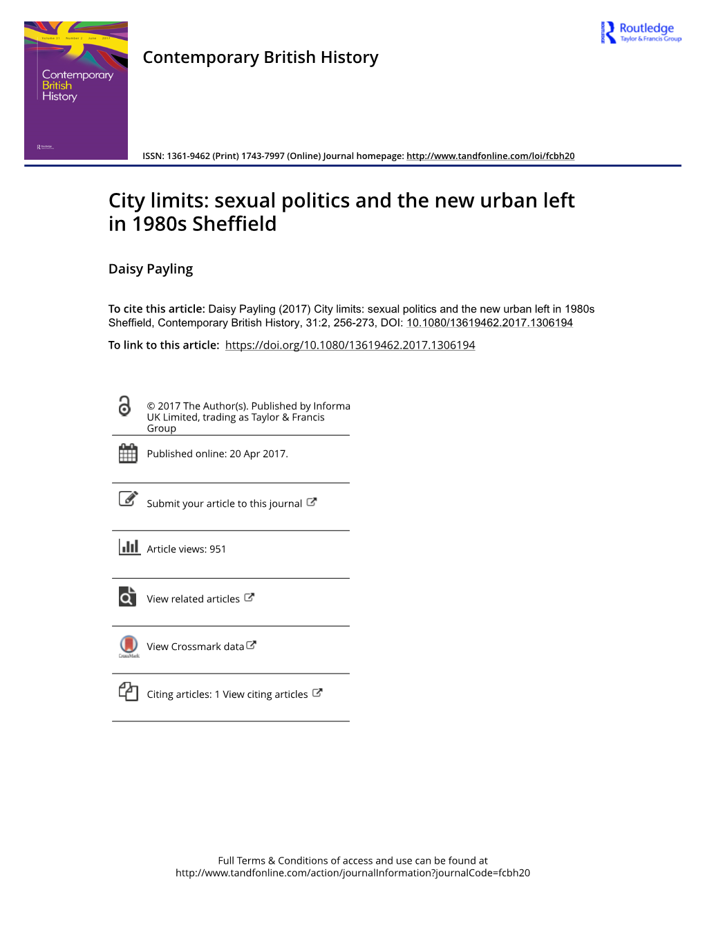 City Limits: Sexual Politics and the New Urban Left in 1980S Sheffield