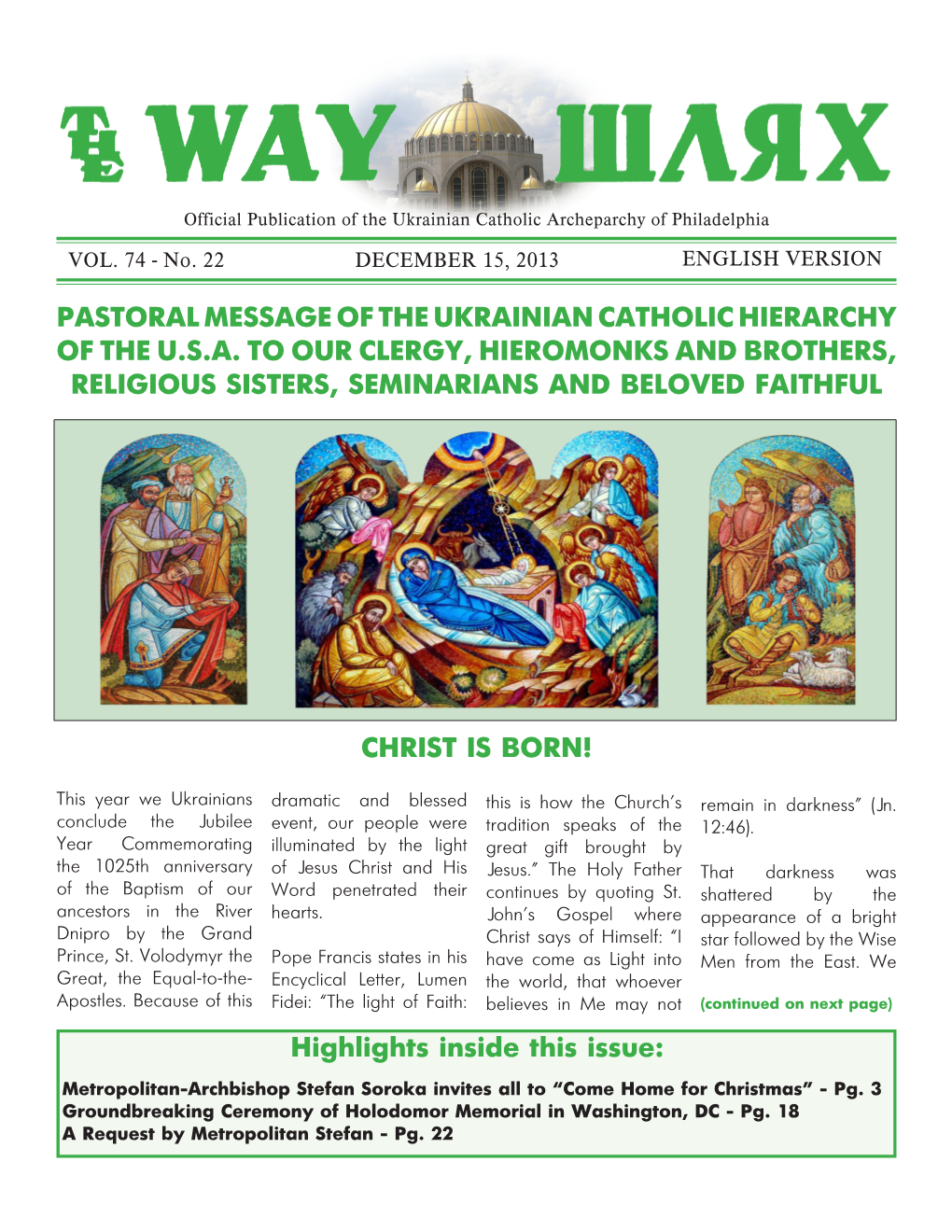 Pastoral Message of the Ukrainian Catholic Hierarchy of the U.S.A