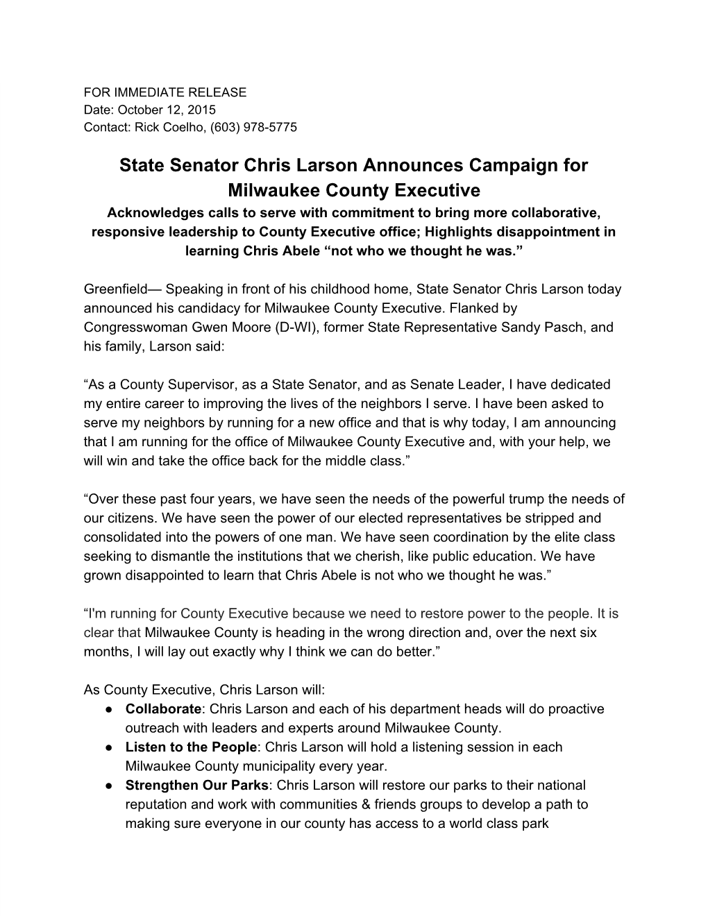 State Senator Chris Larson Announces Campaign for Milwaukee County Executive