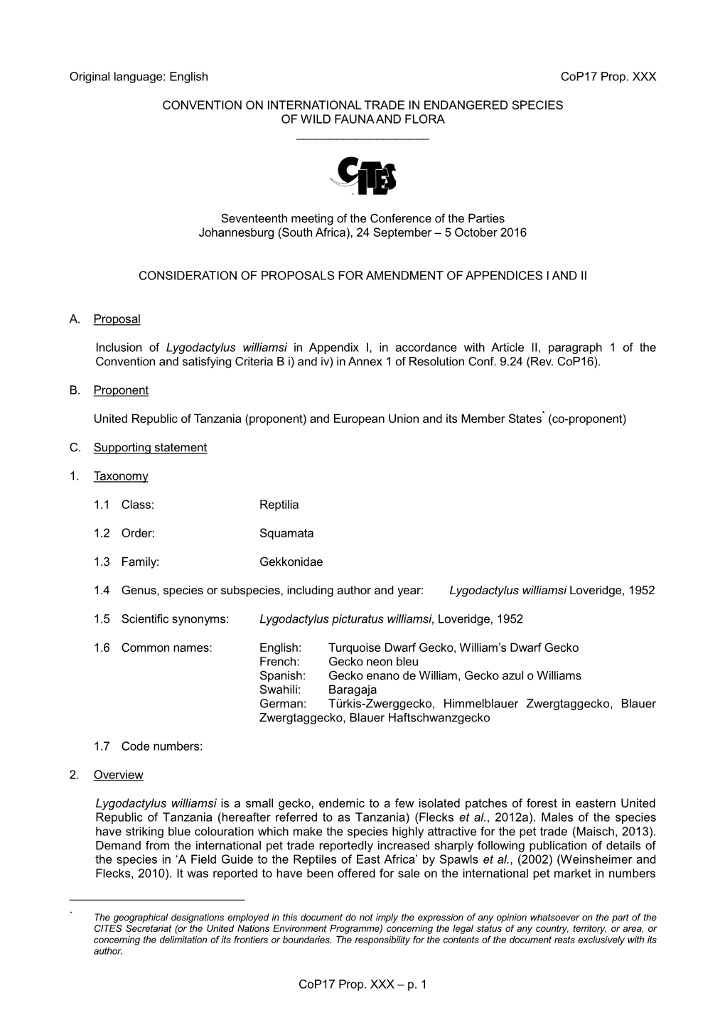 Proposal for Amendment of Appendix I Or II for CITES Cop16