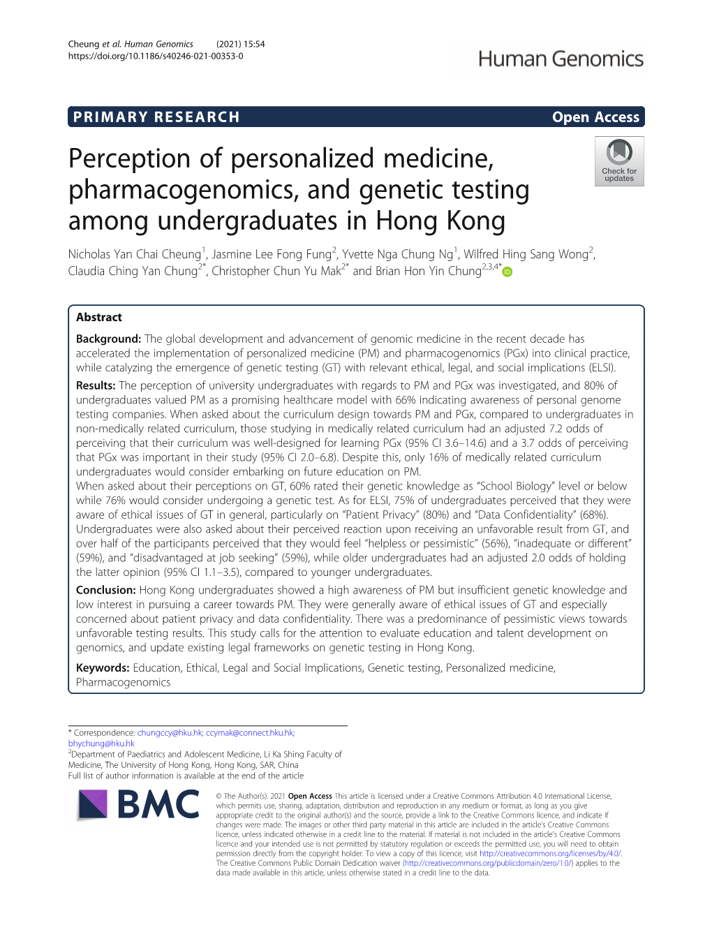 Perception of Personalized Medicine, Pharmacogenomics, and Genetic