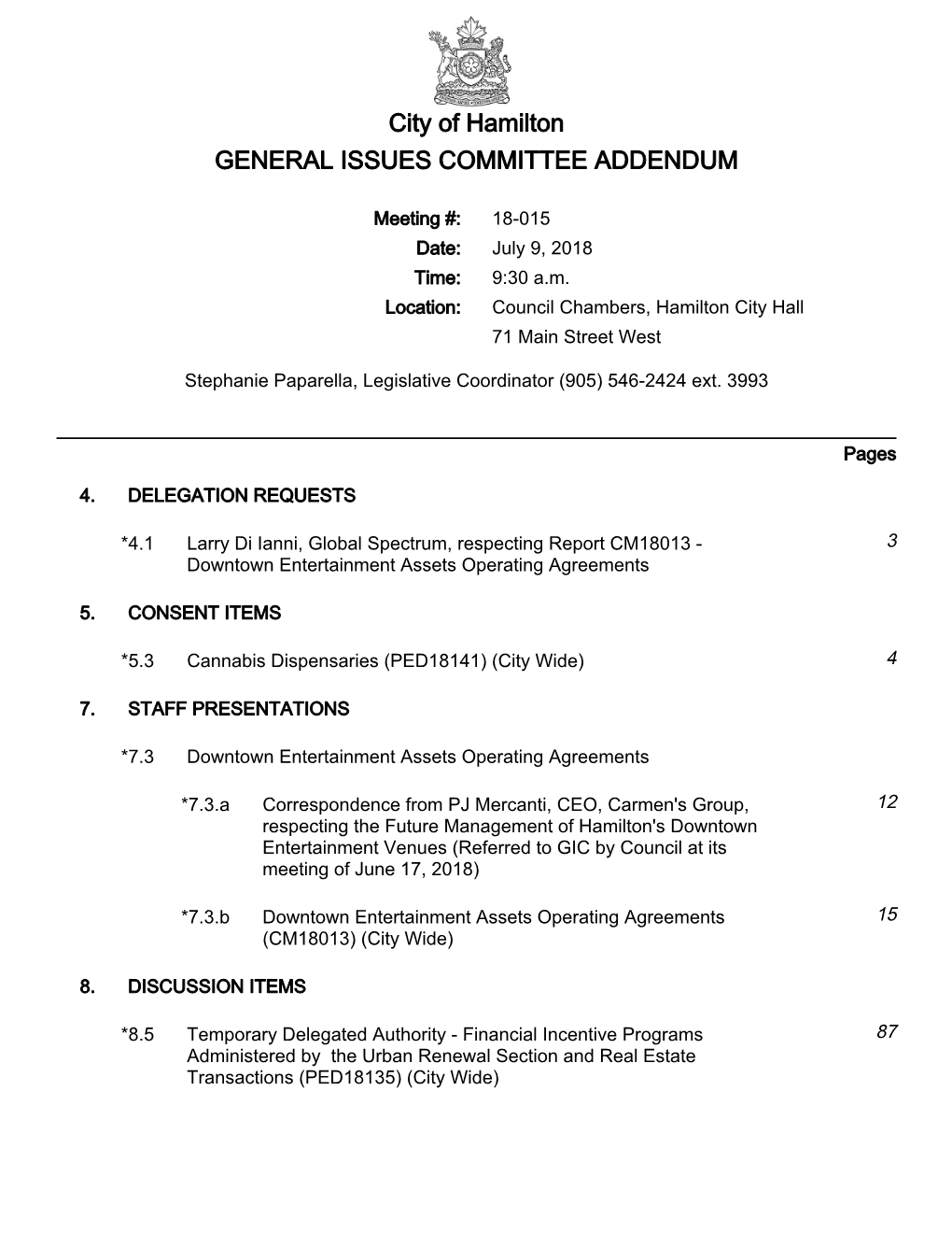 City of Hamilton GENERAL ISSUES COMMITTEE ADDENDUM