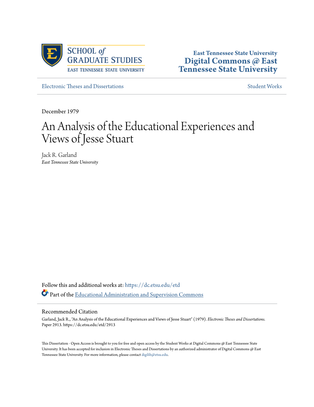 An Analysis of the Educational Experiences and Views of Jesse Stuart Jack R