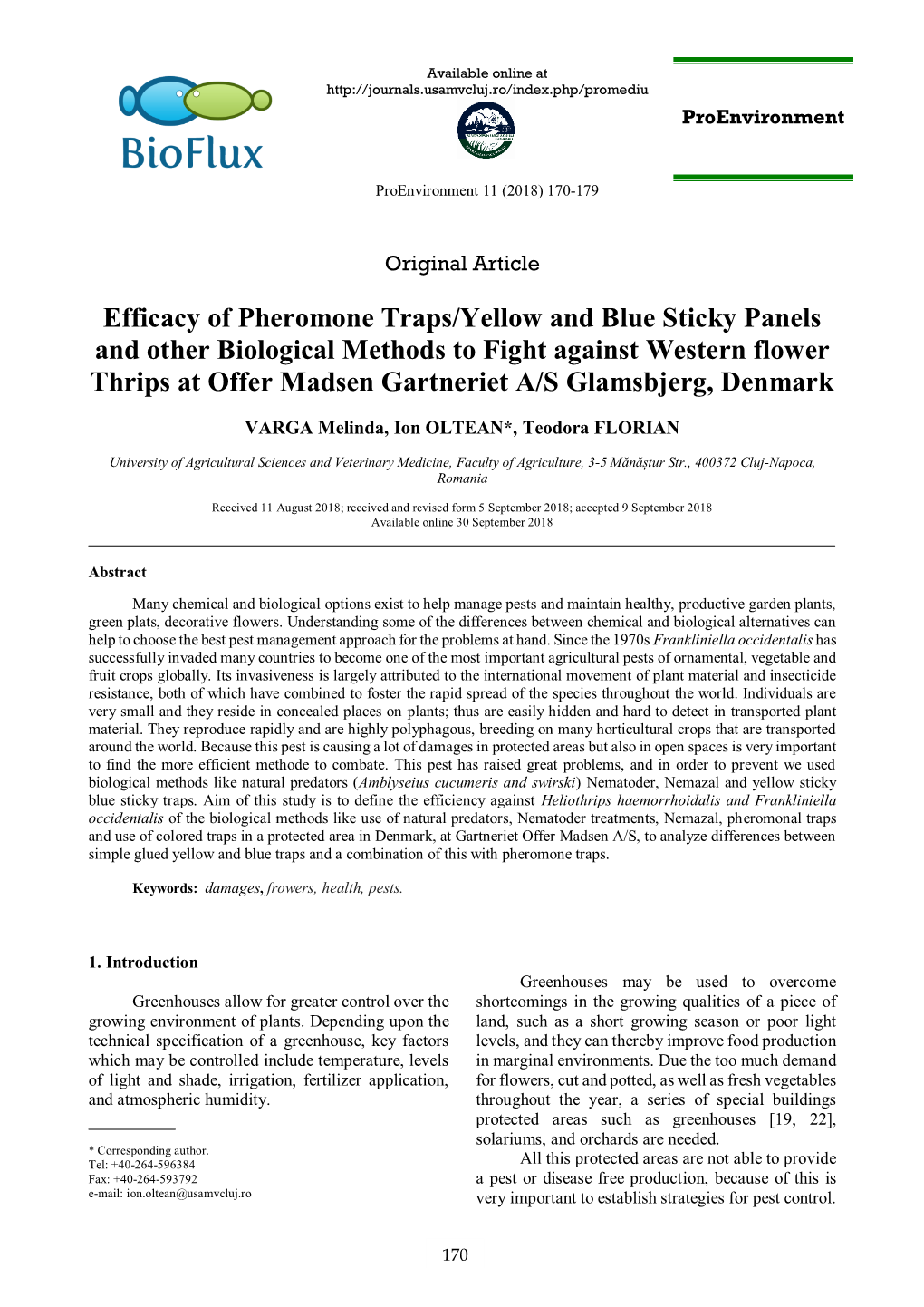 Efficacy of Pheromone Traps/Yellow and Blue Sticky Panels and Other Biological Methods to Fight Against Western Flower Thrips At