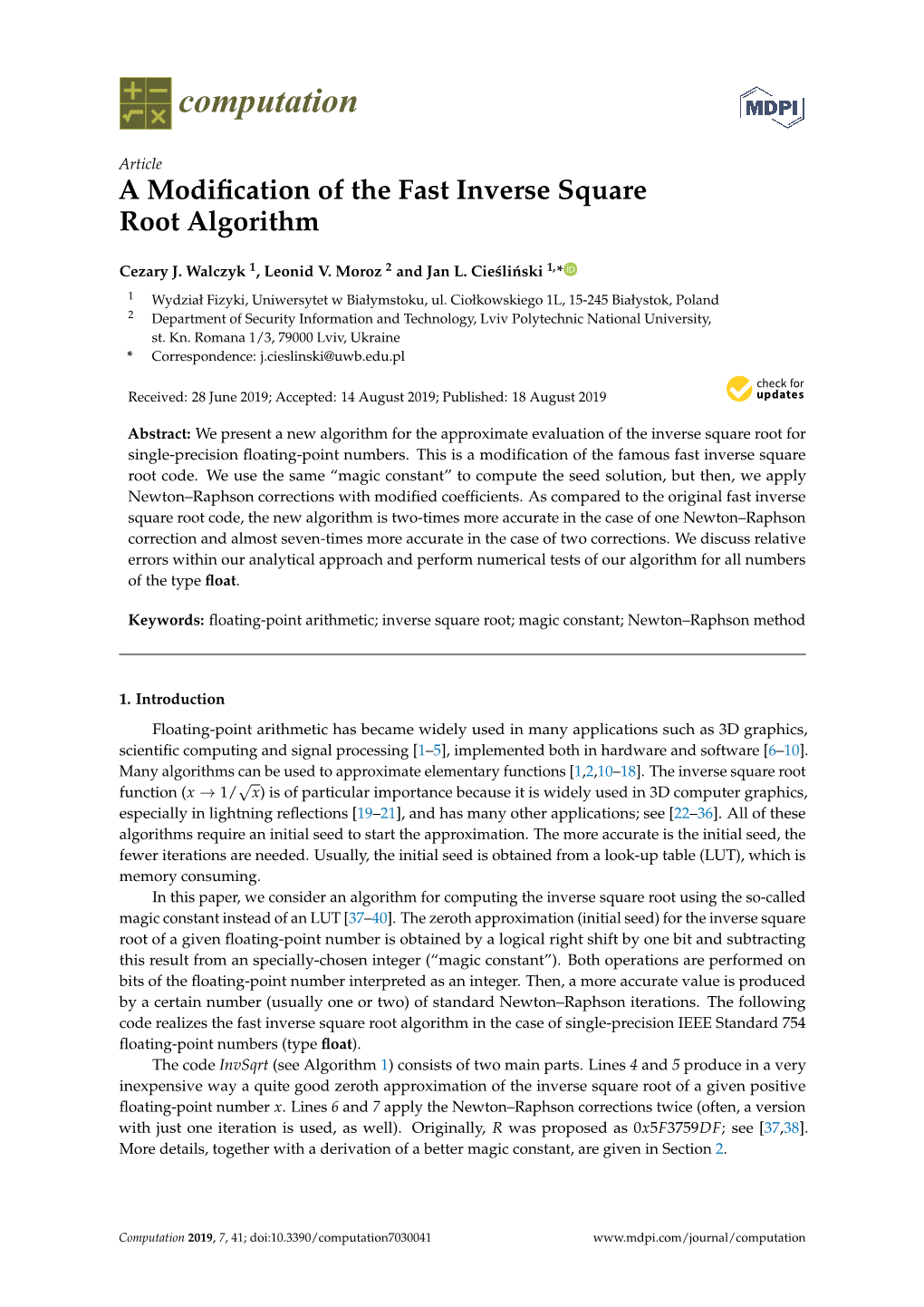 A Modification of the Fast Inverse Square Root Algorithm