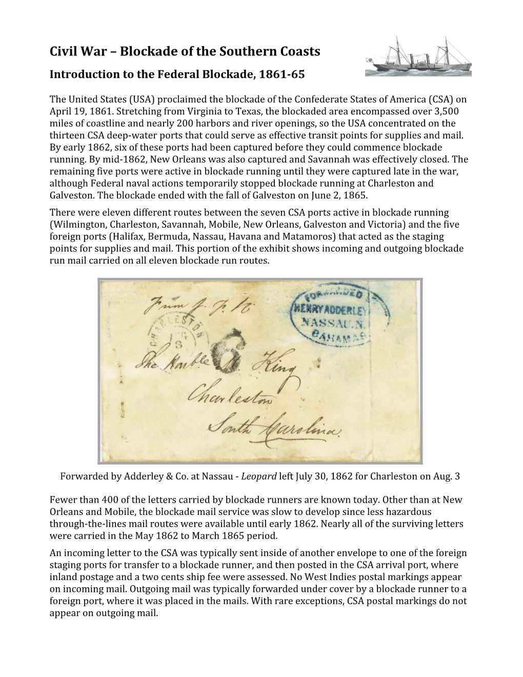 Civil War – Blockade of the Southern Coasts Introduction to the Federal Blockade, 1861-65