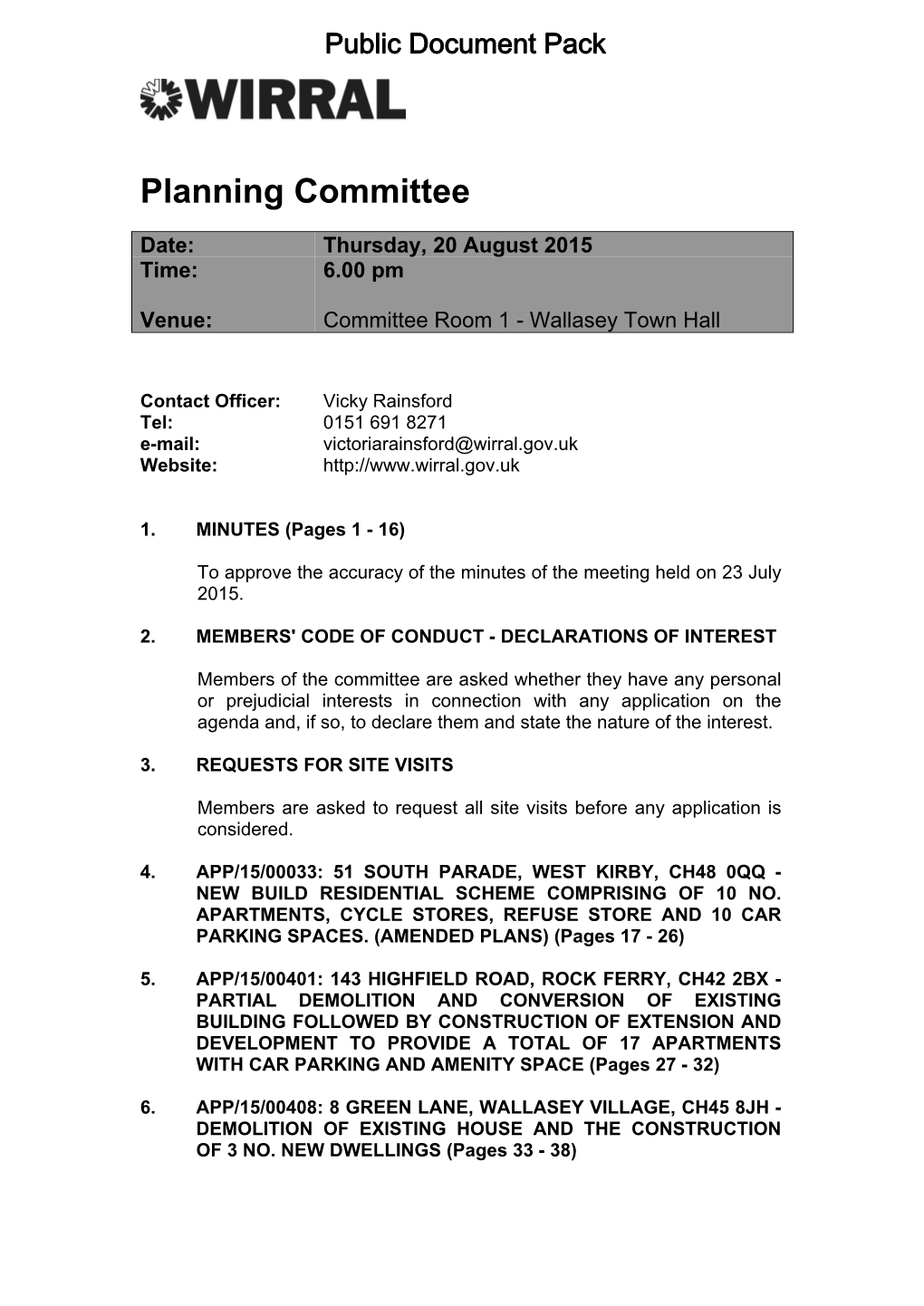 (Public Pack)Agenda Document for Planning Committee, 20/08/2015