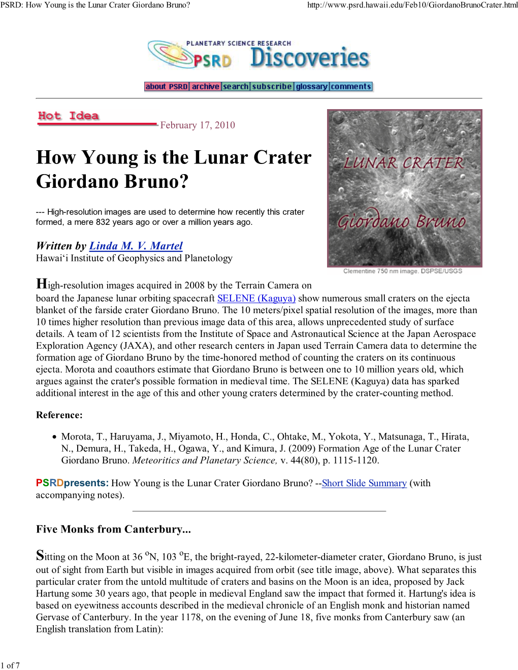 How Young Is the Lunar Crater Giordano Bruno?