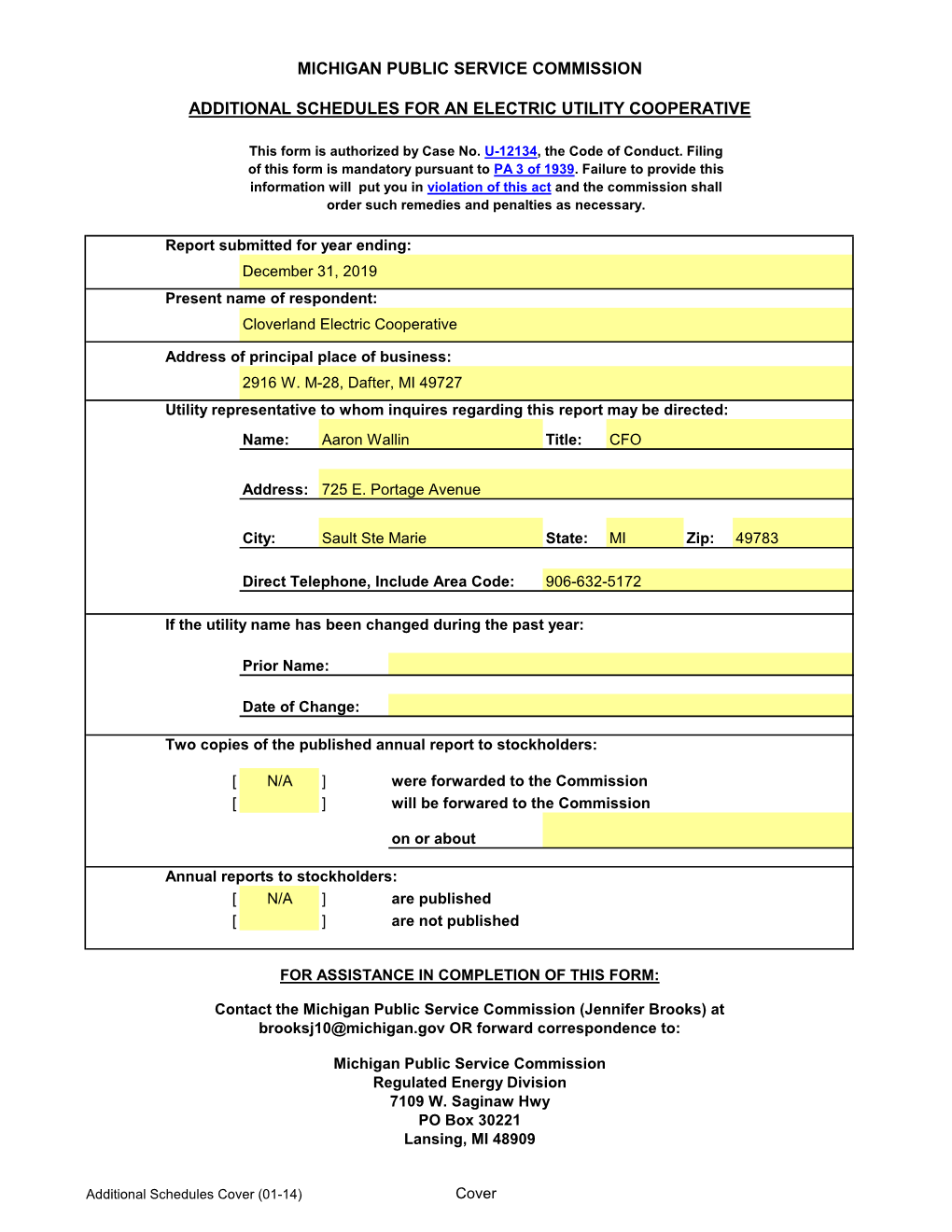 Michigan Public Service Commission Additional Schedules for an Electric