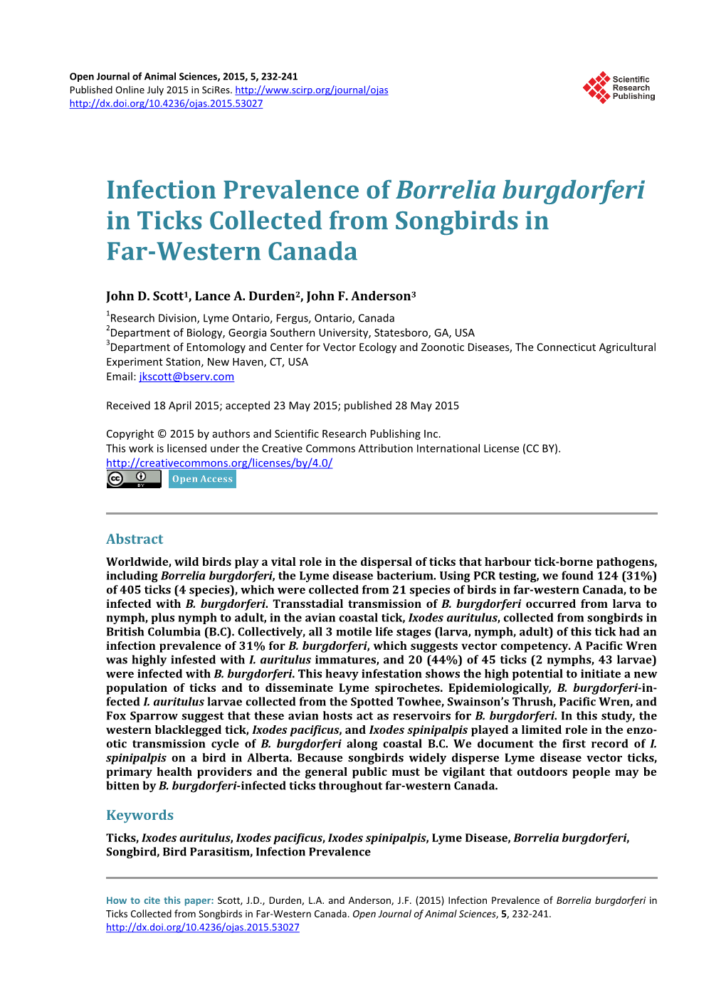 Infection Prevalence of Borrelia Burgdorferi in Ticks Collected from Songbirds in Far-Western Canada