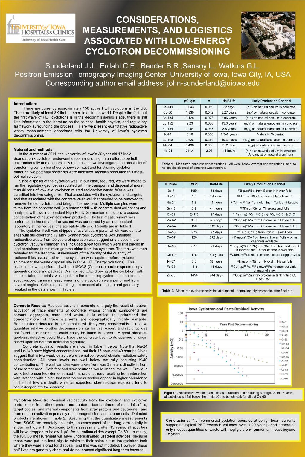 CONSIDERATIONS, MEASUREMENTS, and LOGISTICS ASSOCIATED with LOW-ENERGY CYCLOTRON DECOMMISSIONING Sunderland J.J., Erdahl C.E., Bender B.R.,Sensoy L., Watkins G.L