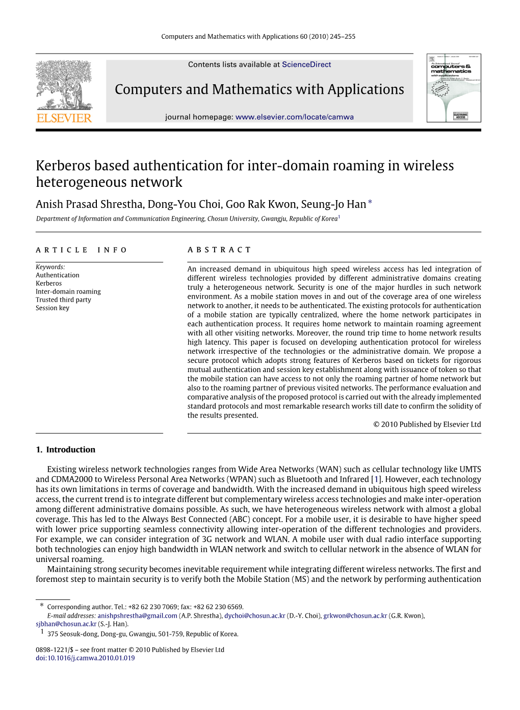 Kerberos Based Authentication for Inter-Domain Roaming in Wireless