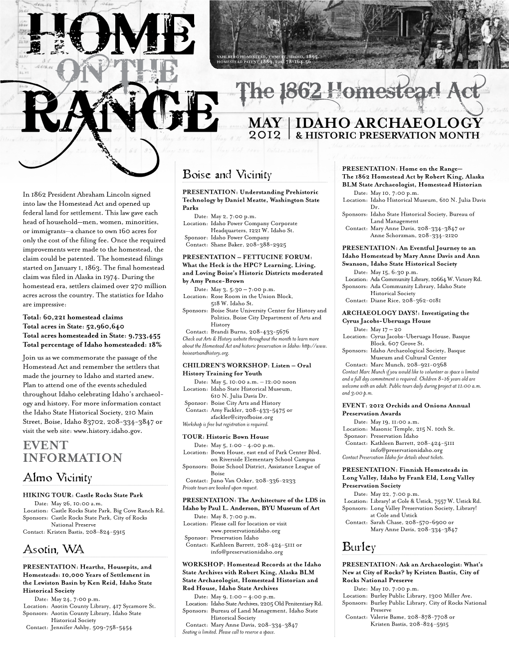 The 1862 Homestead Act May Idaho Archaeology 2012 & Historic Preservation Month