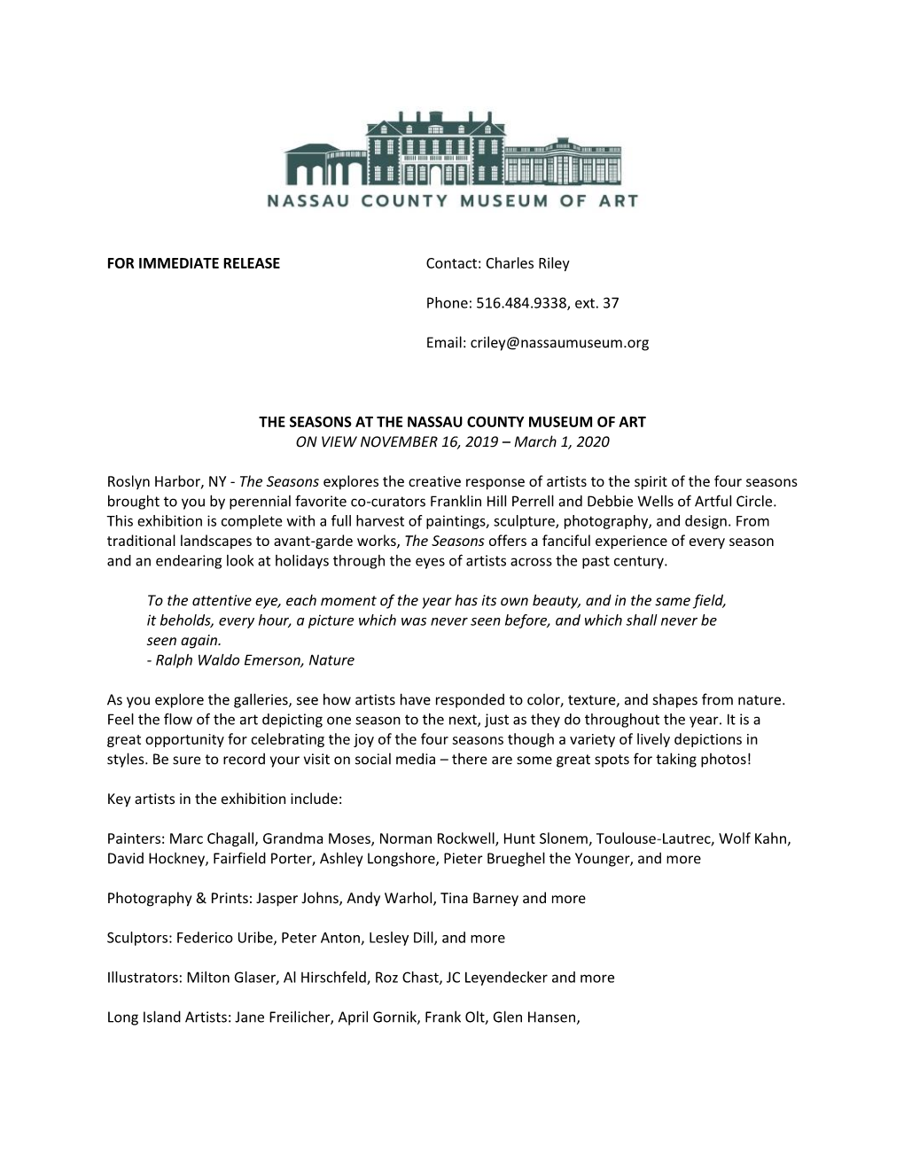 THE SEASONS at the NASSAU COUNTY MUSEUM of ART on VIEW NOVEMBER 16, 2019 – March 1, 2020