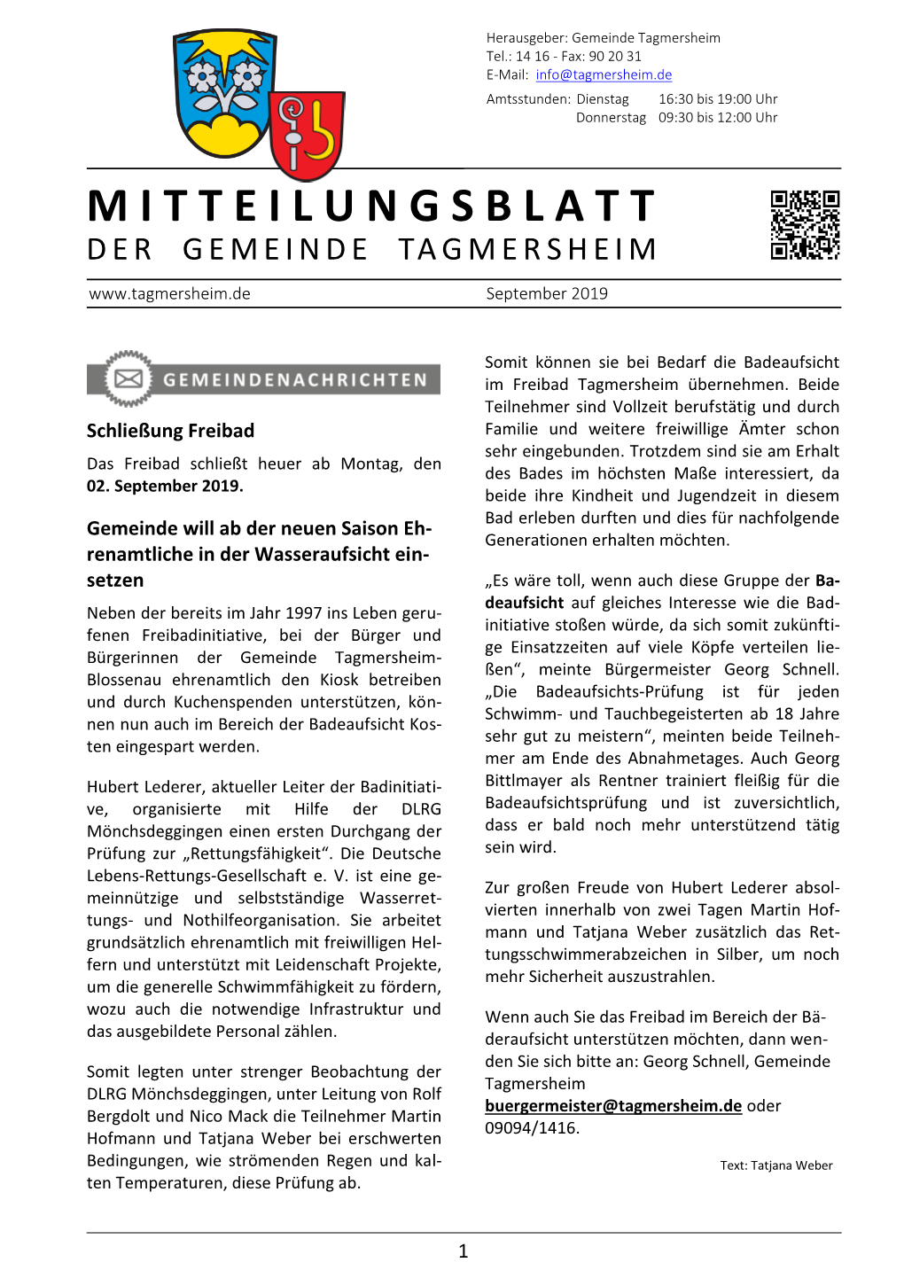 Mitteilungsblatt Der Gemeinde Tagmersheim Ausgabe 09/2019