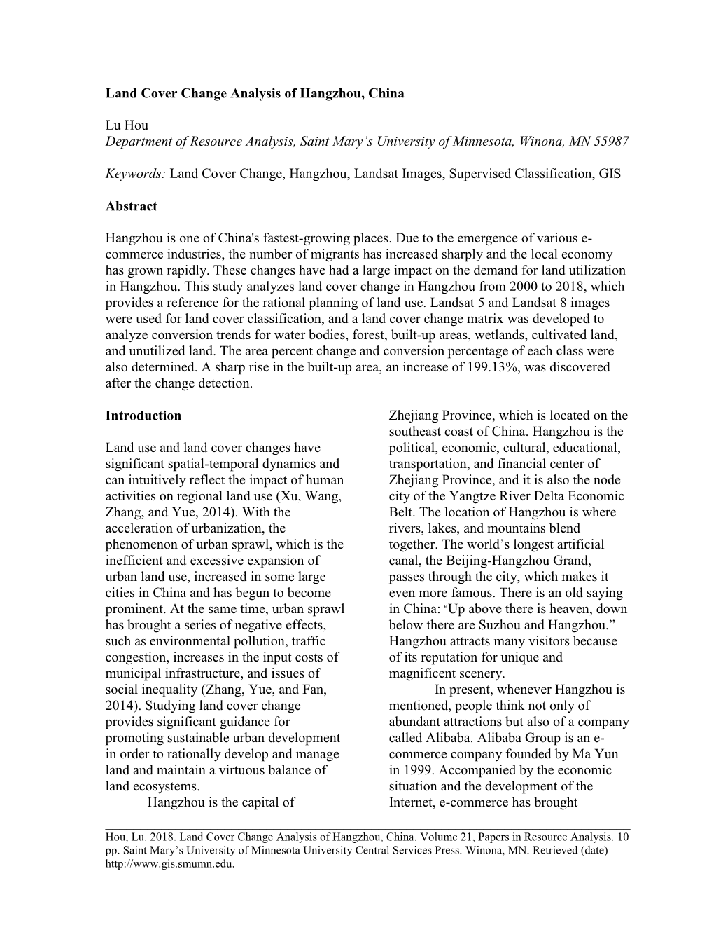 Land Cover Change Analysis of Hangzhou, China