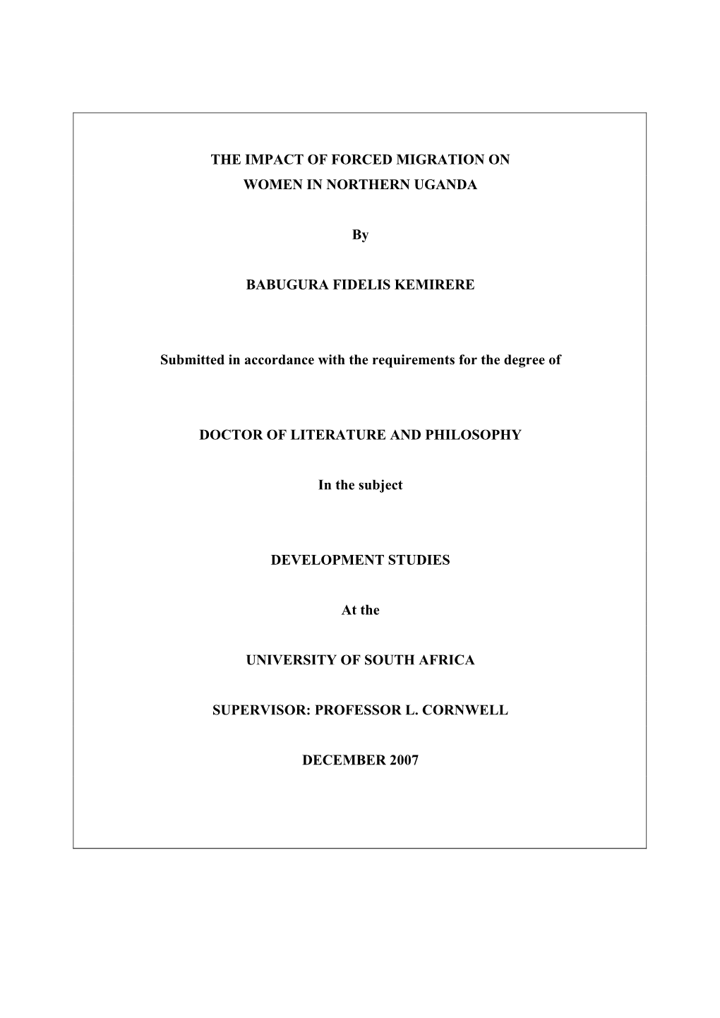 The Impact of Forced Migration on Women in Northern Uganda