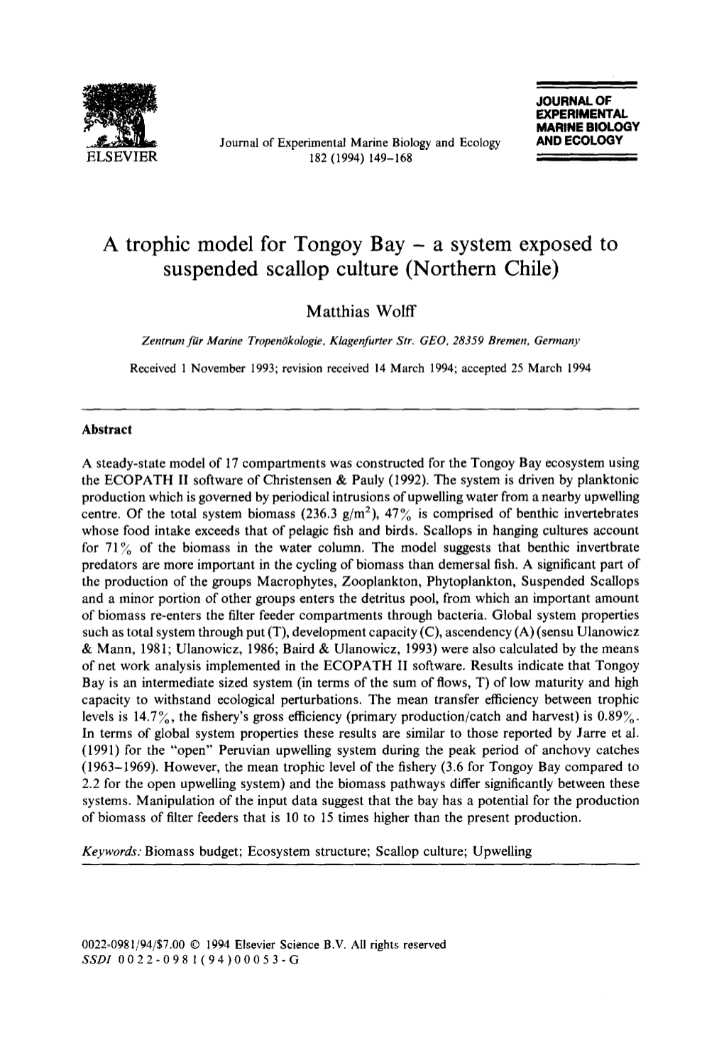 A Trophic Model for Tongoy Bay - a System Exposed to Suspended Scallop Culture (Northern Chile)