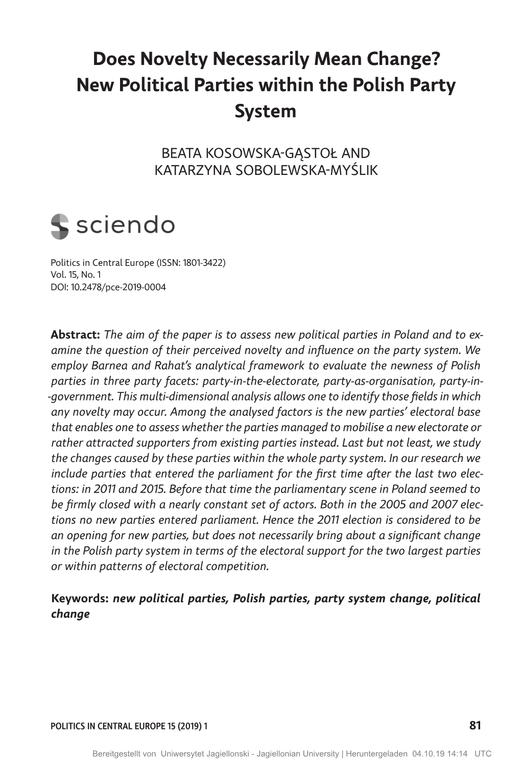 Does Novelty Necessarily Mean Change? New Political Parties Within the Polish Party System