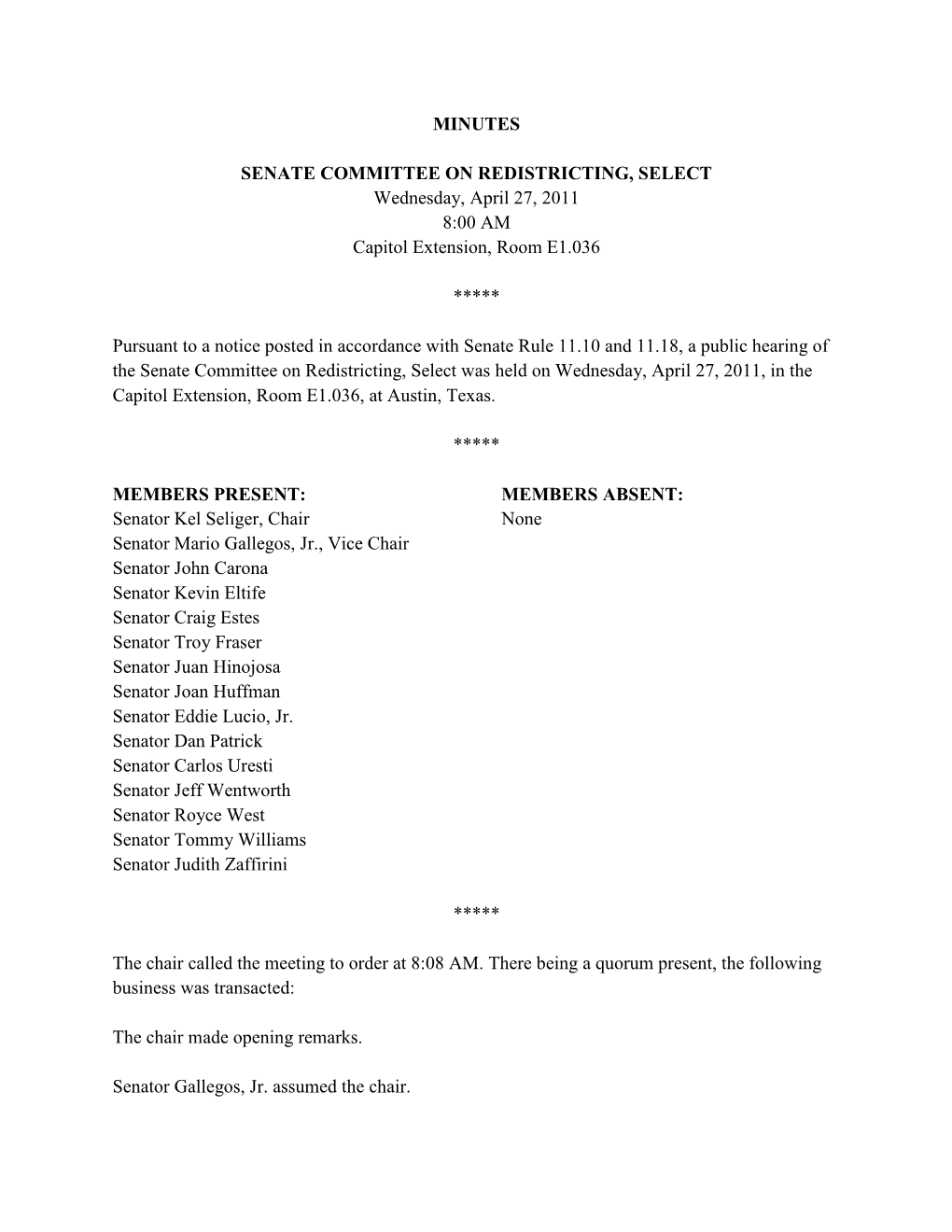 Minutes Senate Committee on Redistricting, Select
