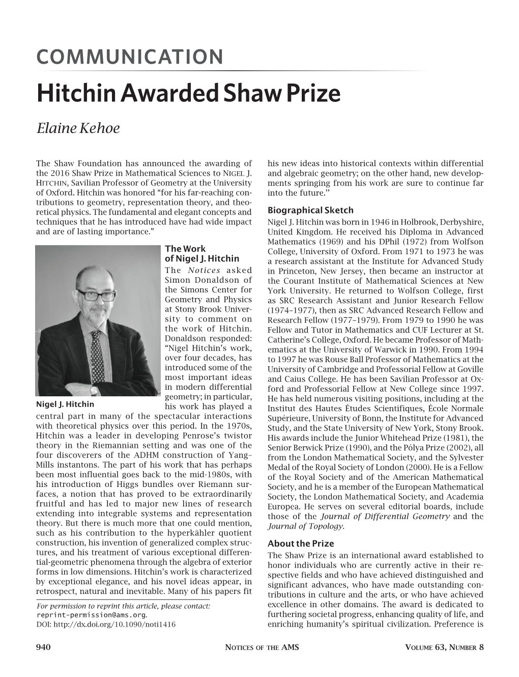 Hitchin Awarded Shaw Prize Elaine Kehoe