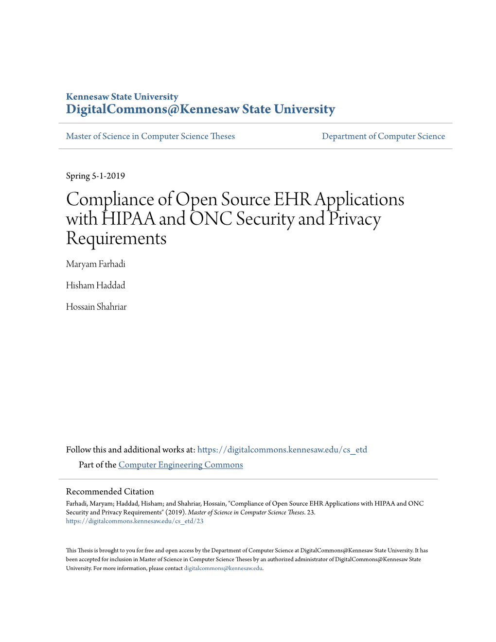 Compliance of Open Source EHR Applications with HIPAA and ONC Security and Privacy Requirements Maryam Farhadi