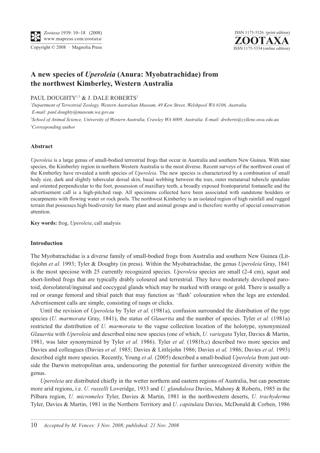 Zootaxa, a New Species of Uperoleia (Anura: Myobatrachidae) From