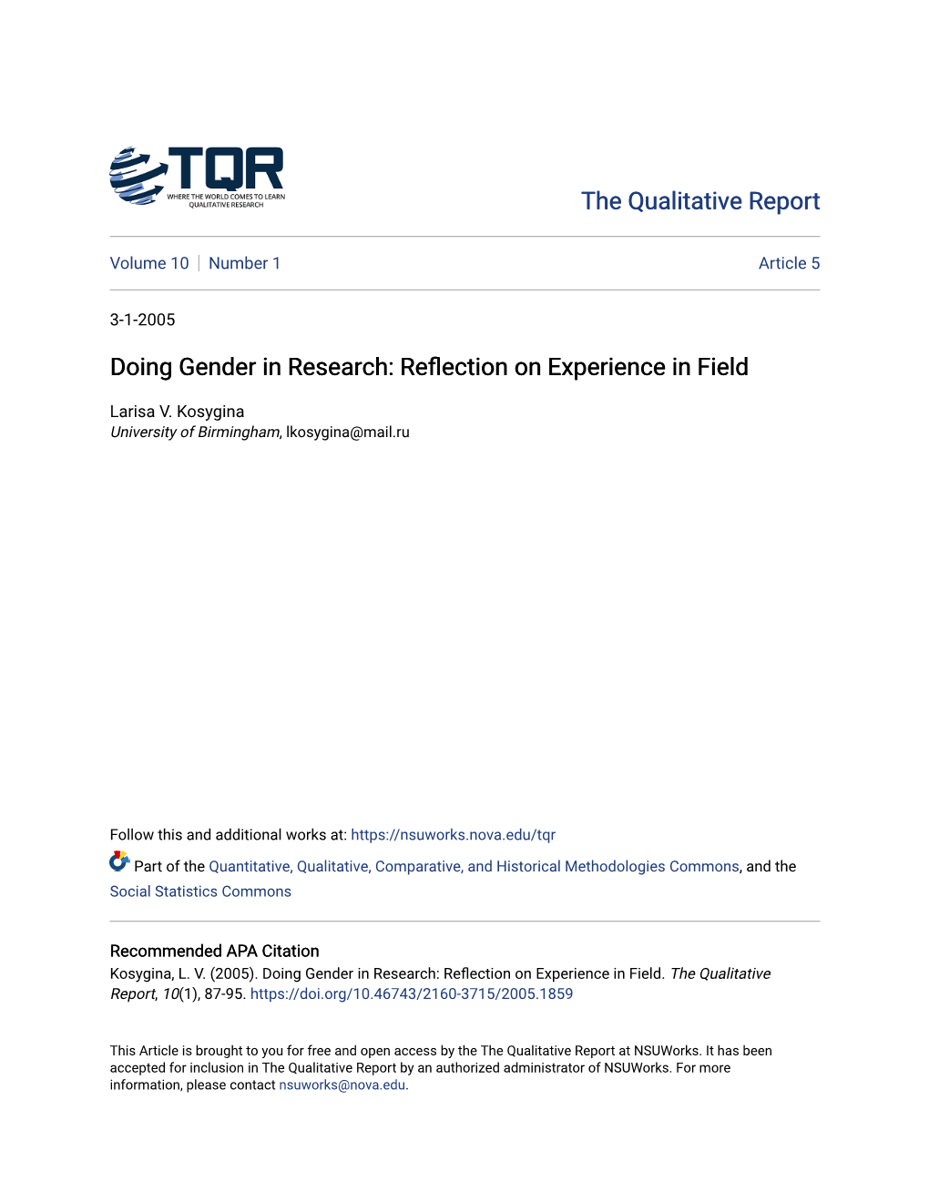 Doing Gender in Research: Reflection on Experience in Field