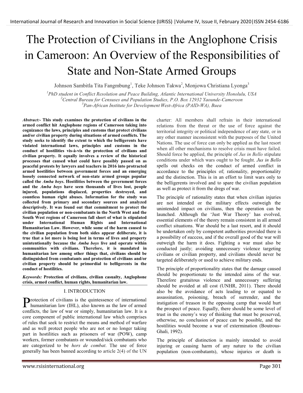 The Protection of Civilians in the Anglophone Crisis in Cameroon: an Overview of the Responsibilities of State and Non-State Armed Groups