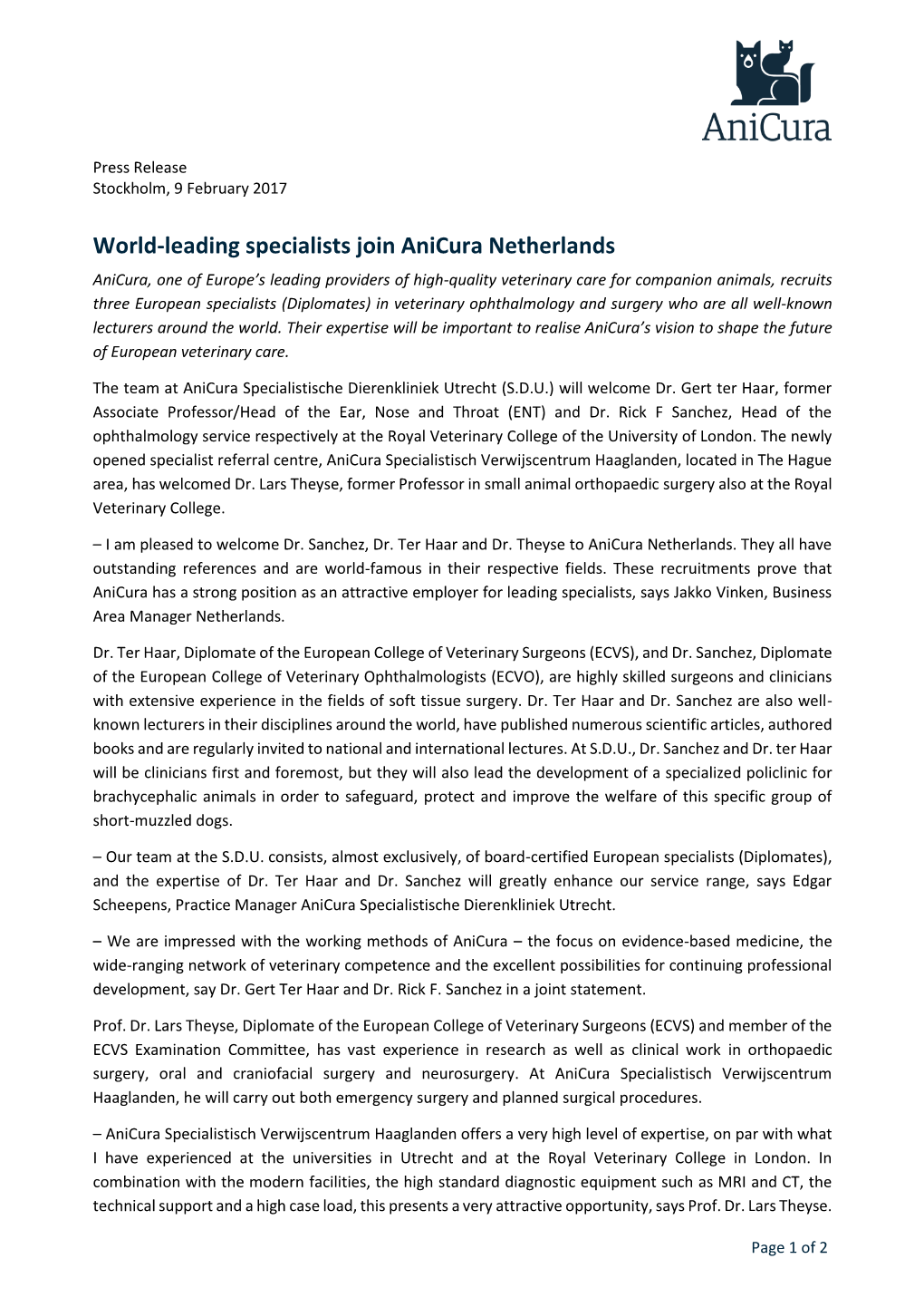 World-Leading Specialists Join Anicura Netherlands