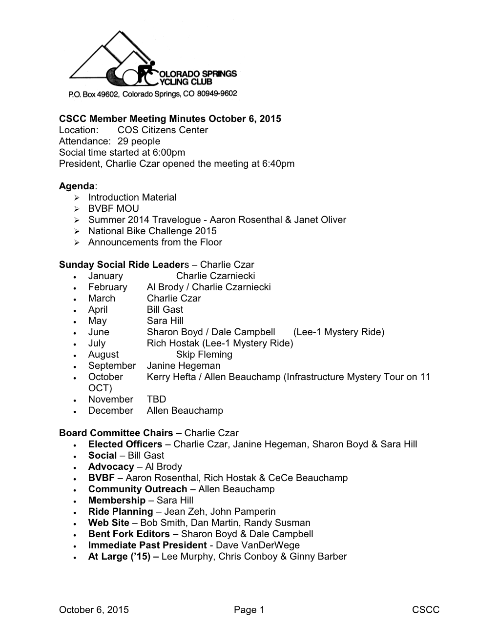 CSCC Member Meeting Minutes October 6, 2015